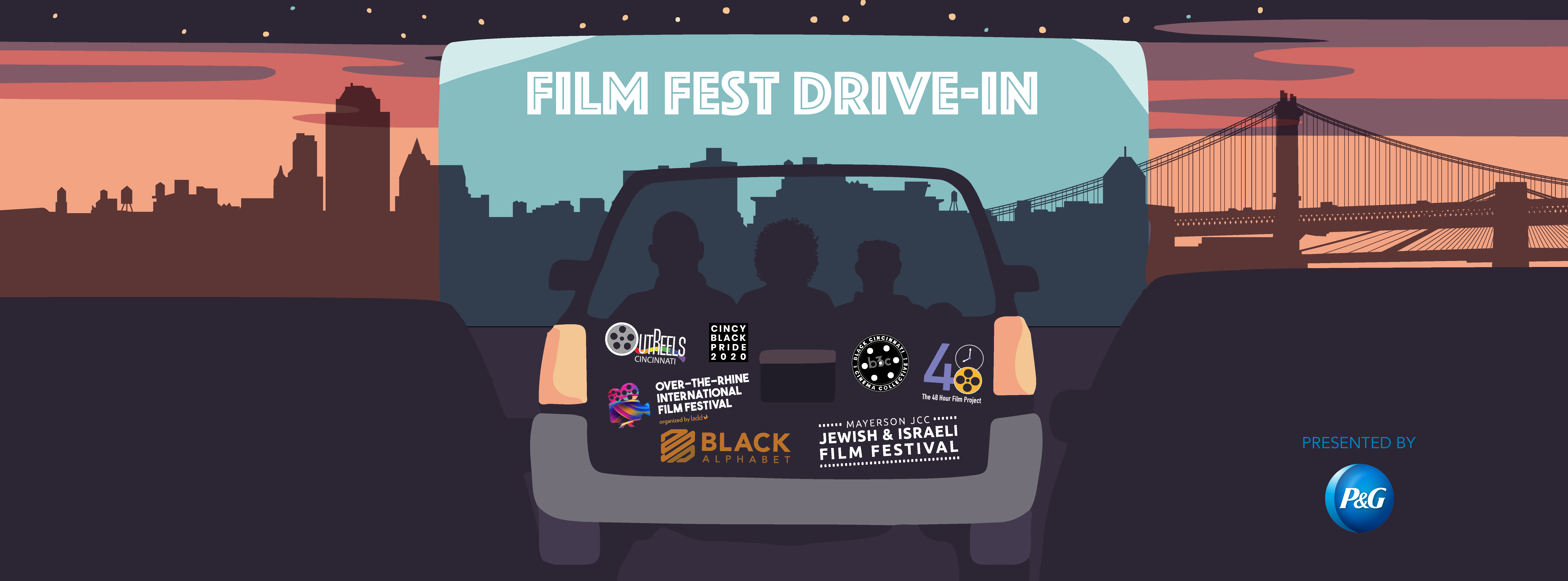 Illustration with a car facing a drive-in movie screen with the Cincinnati skyline behind the screen. On the screen it says, "Film Fest Drive-In." Film festival logos are on the back of the car and "Presented by P&G" is in the lower right hand corner.